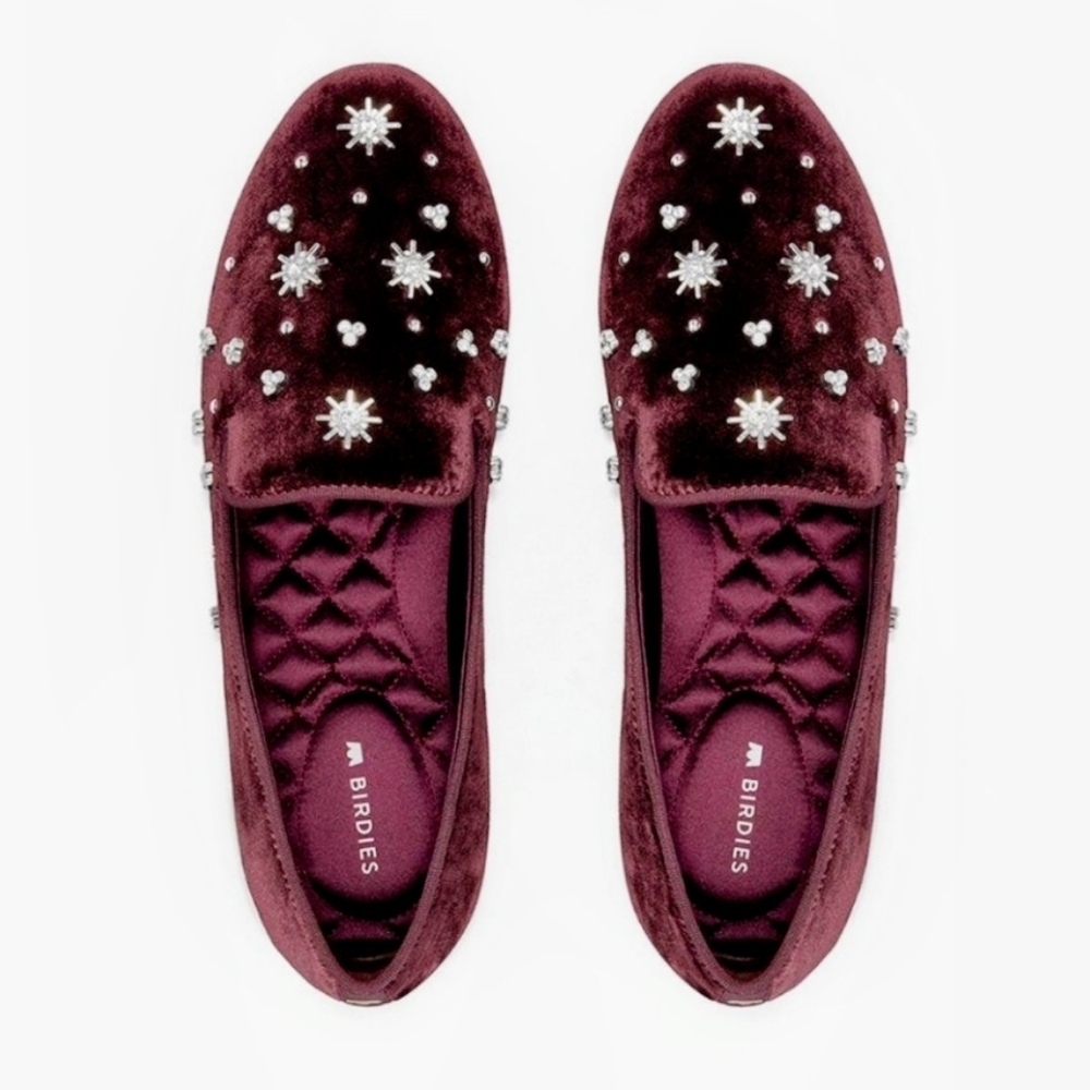 Birdies The Starling Maroon Velvet Crystal Embellished Loafer Women's 7.5